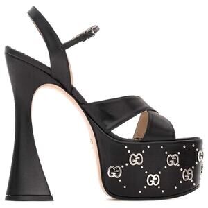 Gucci GG Embellished Black Platform sandal Silver Interlocking G Studs 37.5